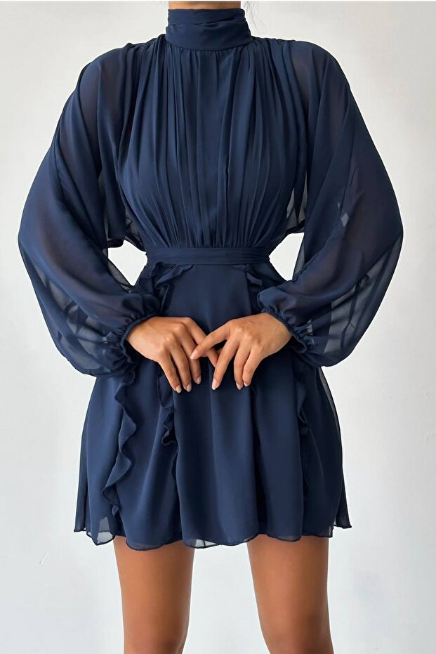 Lined Chiffon Fabric Sash Detailed High Collar Long Sleeve Navy Blue Evening Dress 071