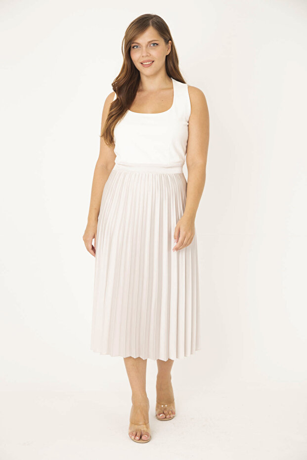 Women's Large Size Bone Skirt Part Satin Pleated Dress 65N36854