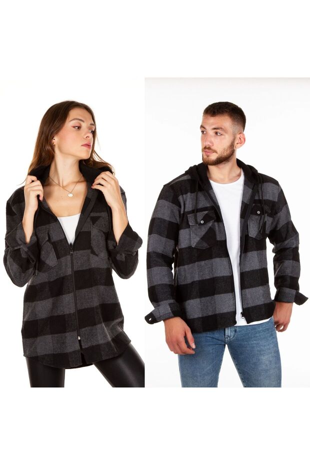 Hooded Zippered Unisex Checkerboard Pattern Lumberjack Shirt
