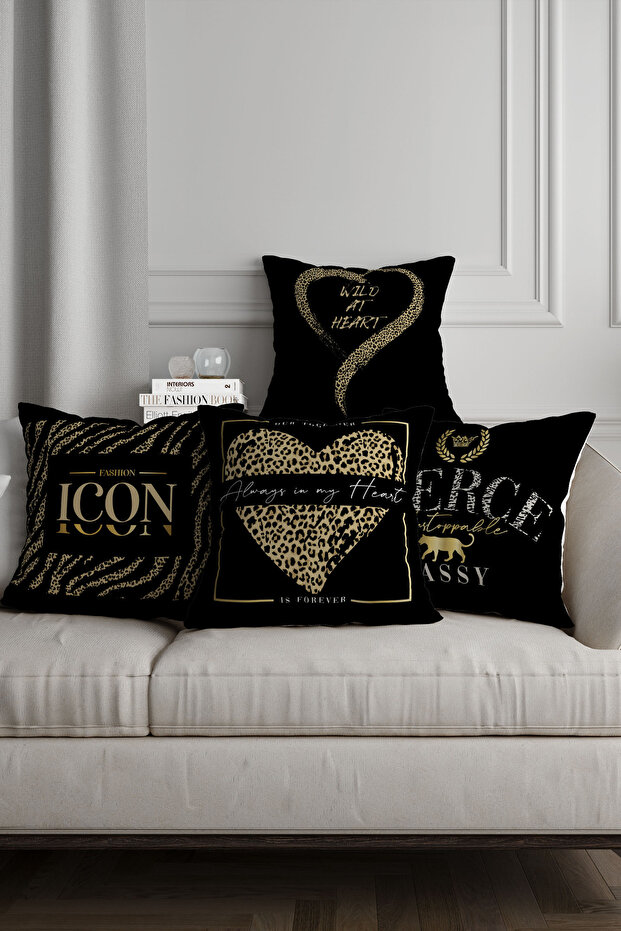 Black Background Fashion Leopard Pattern Written Gift Digital Printed Sofa Cushion Cover Set of 4