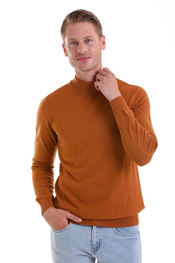 Camel Regular Fit Düz Yarım Balıkçı Yaka Triko Kazak - 4