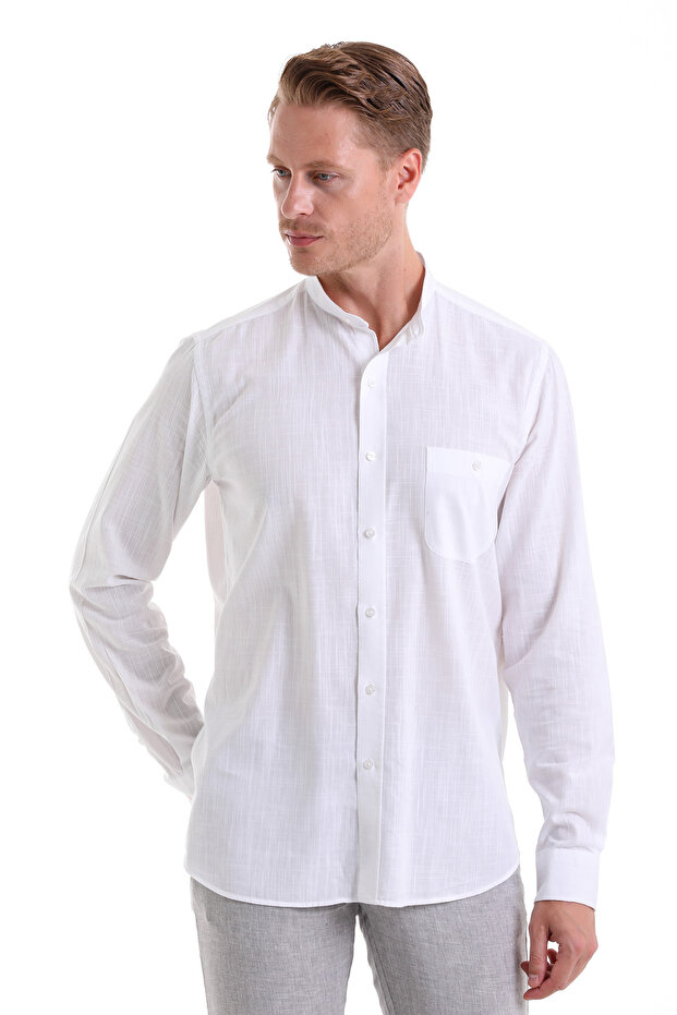 White Comfort Fit Straight 100% Cotton Prevailing Collar Long Sleeve Sports Shirt