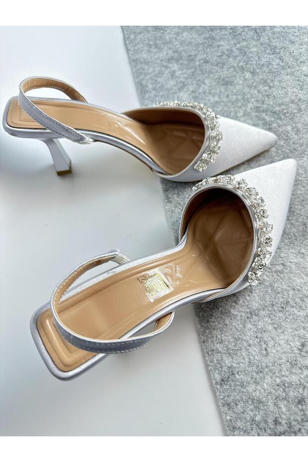Silver satin 6 cm heels with rhinestones 0560