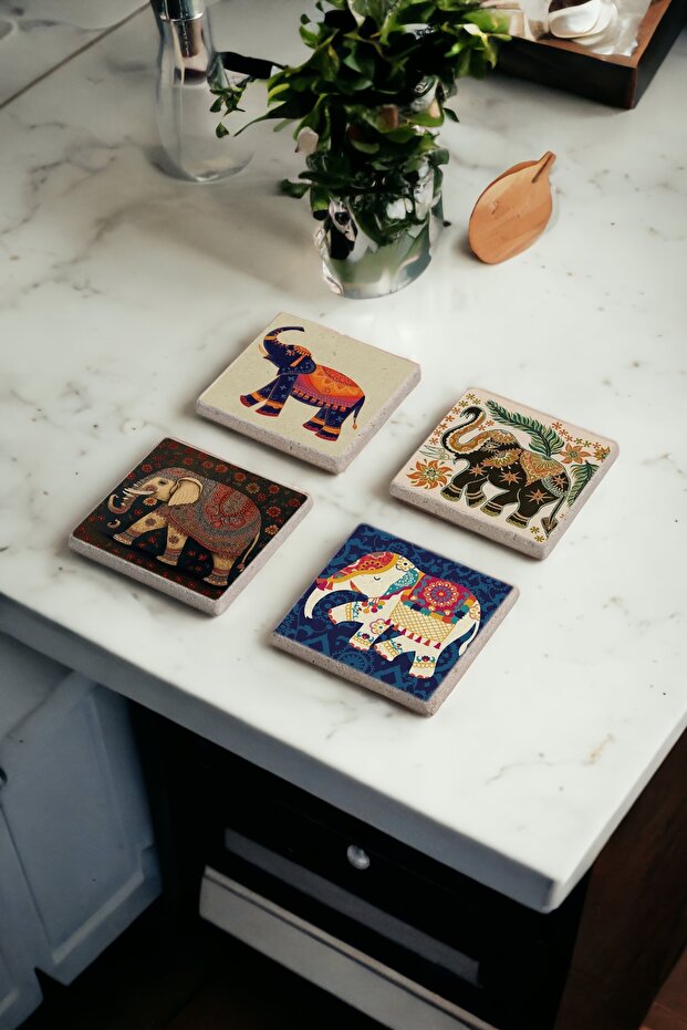 Indian Elephant Art Natural Stone Travertine Coasters Set of 4