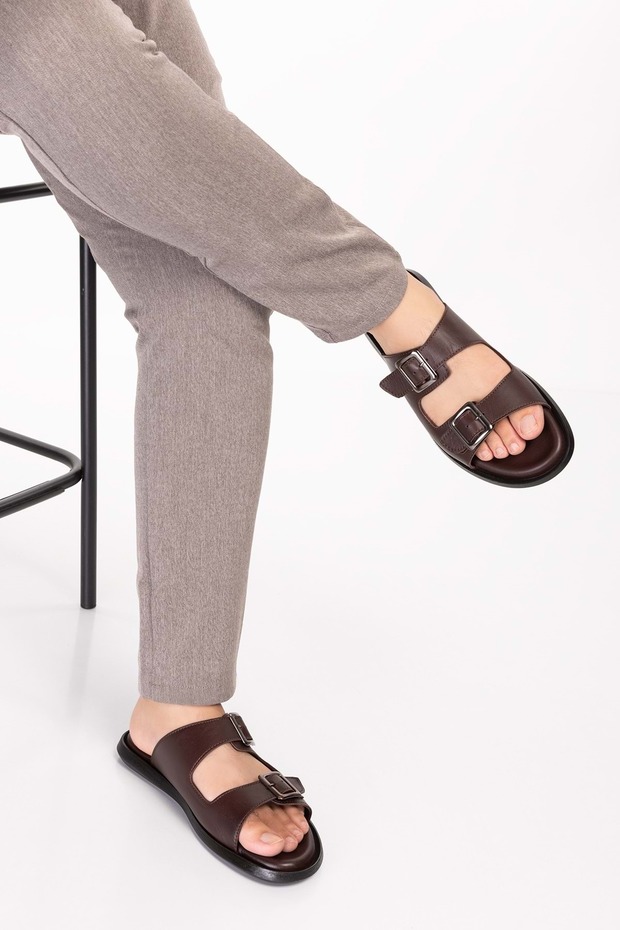 Men's Genuine Leather Daily Classic Buckle Slippers Esm.610