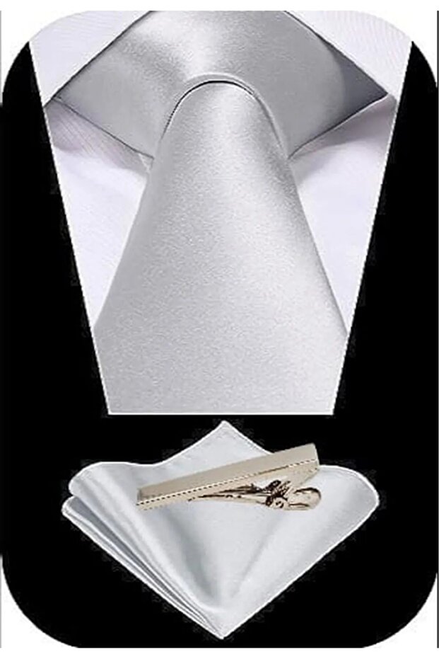 Men's Satin Tie Handkerchief And Silver Steel Tie Clip Set