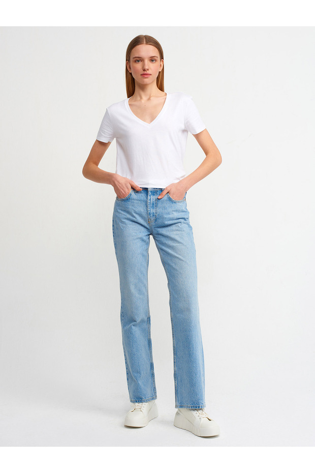 3470 V Yaka Basic T-Shirt-Beyaz - 3