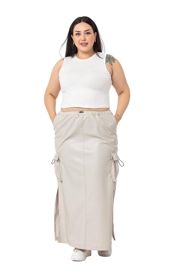 Large Size Gray Long Leather Skirt with Gather Detail on Waist and Pockets