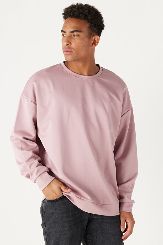 Men's Dusty Rose Oversize Loose Cut Crew Neck Plain Sweatshirt