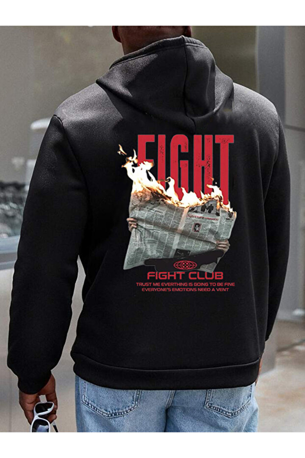 Men's Hooded 3 Yarn Charcoal Fabric Sweatshirt Fight Club Back Printed
