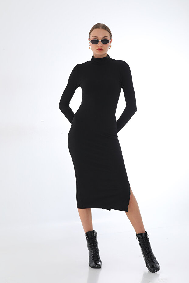 Black Ribbed Fitted Long Sleeve Slit Midi Dress
