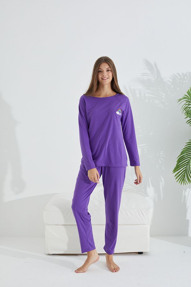 mor Pamuklu Likralı Örme Pijama Takım - 3