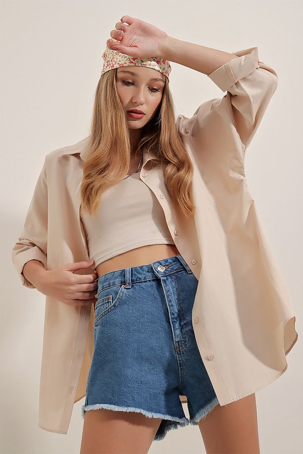 3900 Oversize Uzun Basic Gömlek - Krem - 5