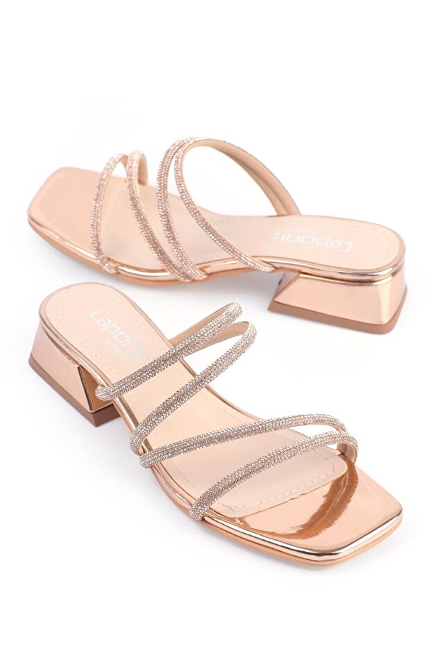 Capone tompa lábujj köves szalagos rövid sarkú tükörszövet rózsa női papucs - 1