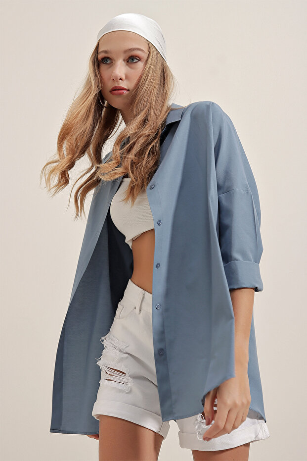 3900 Oversize Uzun Basic Gömlek - I?ndigo - 4