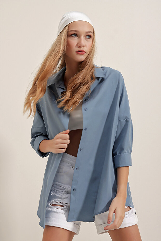 3900 Oversize Uzun Basic Gömlek - I?ndigo - 2