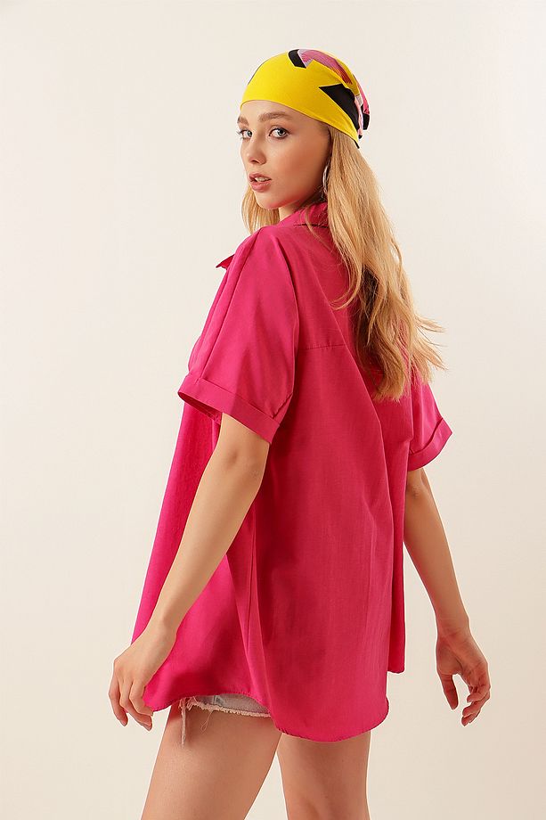 20120 Oversize Kısa Kollu Gömlek - Fuşya - 6