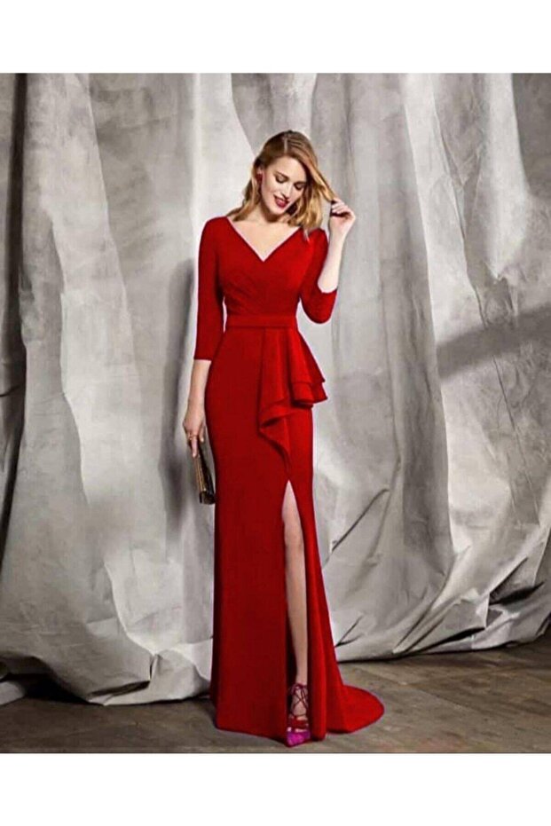 Women's Red Three Quarter Sleeve V-Neck Slit Long Evening Dress 634