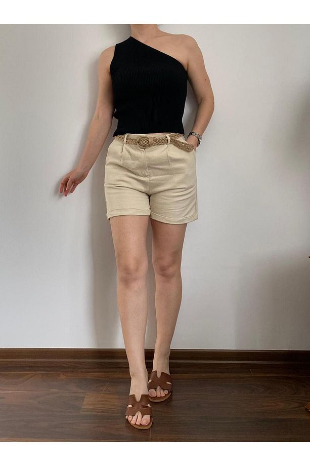 Beli Hasır Kemerli Kısa Gabardin Şort - Taş - 1