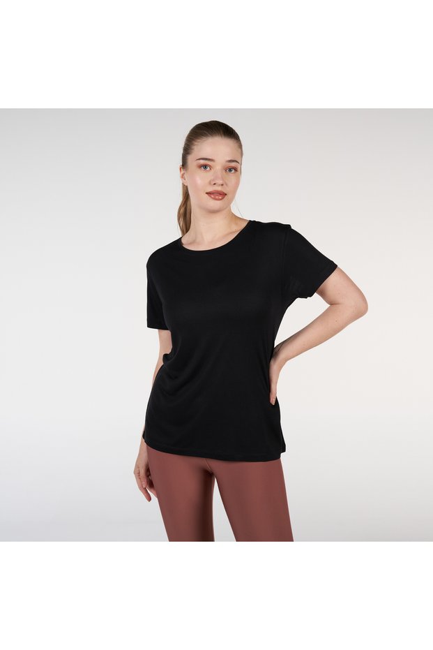 Wewon Style Siyah Bisiklet Yaka Basic Tshirt