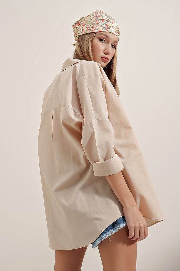 3900 Oversize Uzun Basic Gömlek - Krem - 7