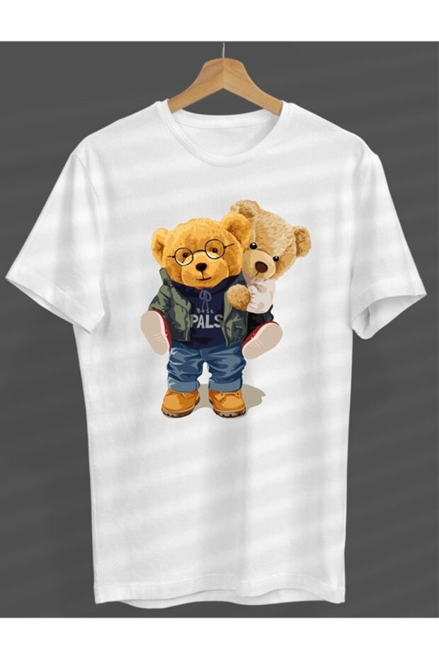 Unisex White Loving Bears Printed Oversize Crew Neck T-Shirt
