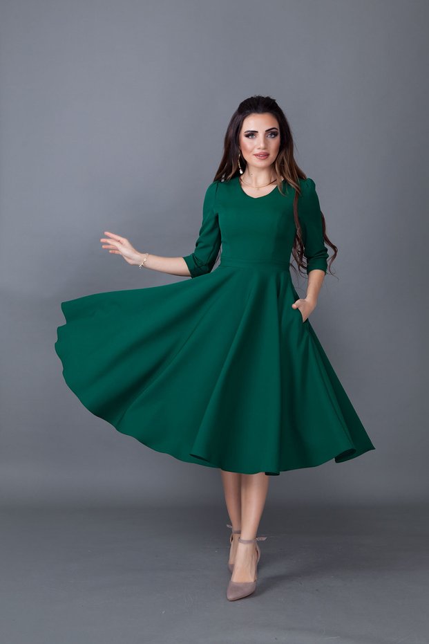 Women's Emerald Midi Length Pocket Detail V-Neck Dress