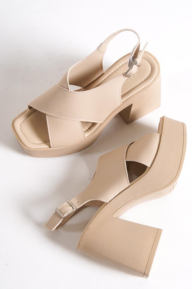 Capone Blunt Toe Cross Wide Strap Platform Heeled Beige Women's Sandals