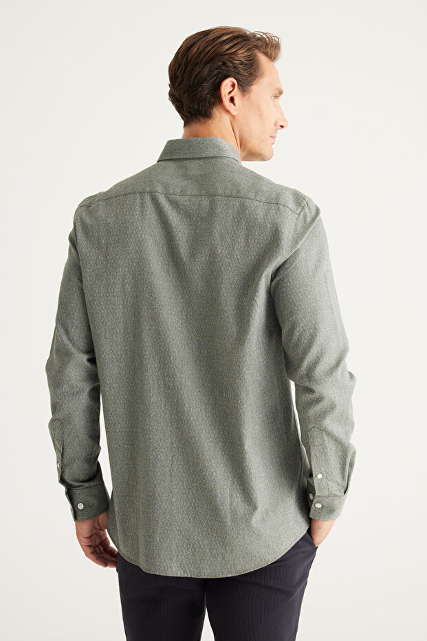 Erkek Haki Slim Fit Dar Kesim Gizli Düğme Yaka %100 Pamuk Gömlek - 7