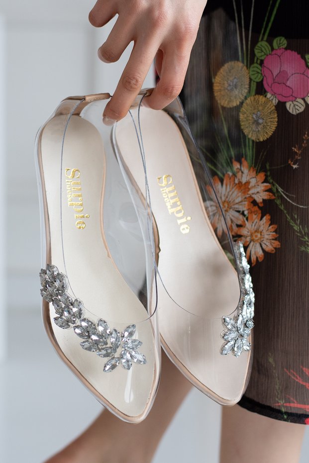 Women's Transparent Nude Stone Detailed Ballerinas