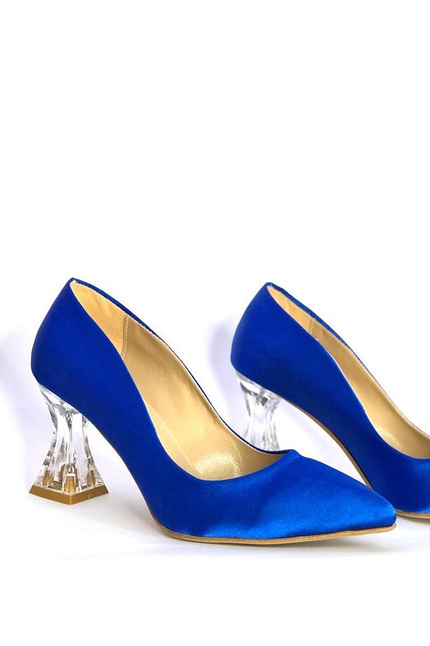 Saks Mavi Saten Şeffaf Topuk Stiletto Ayakkabı - 4