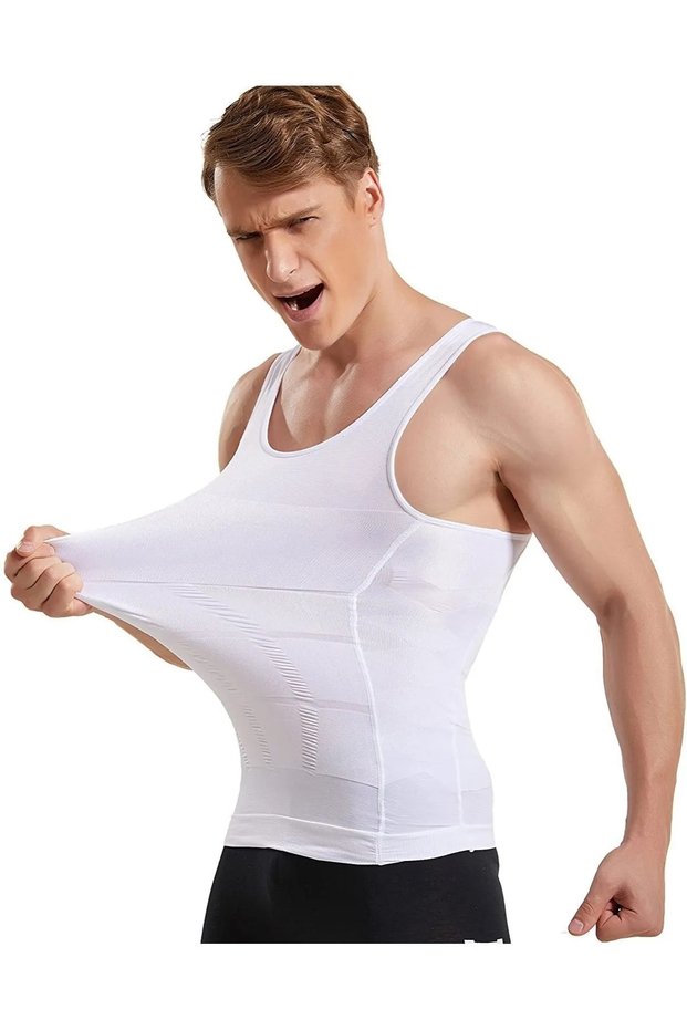 Men's Athlete Waist Chest Belly Gynecomastia Toning 2 Size Firming Premium Seamless White Corset