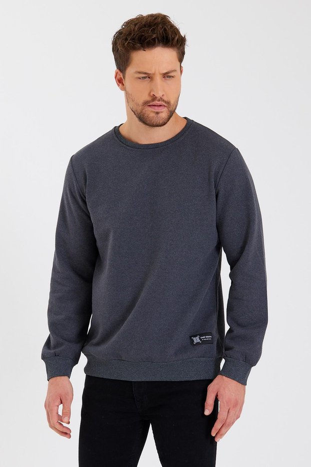 Anthracite Men's Cotton Sweatshirt with Crew Neck Label Detail