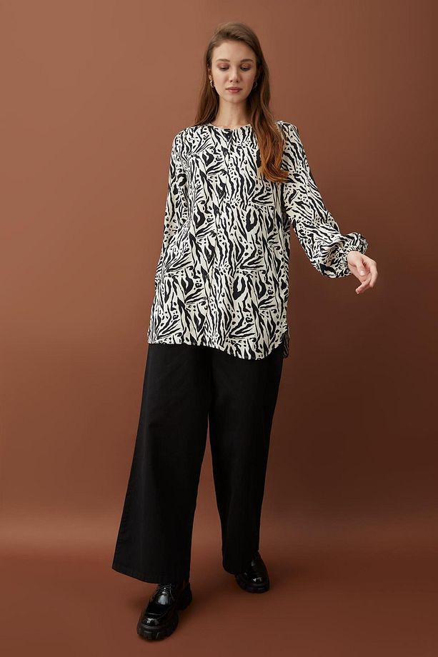 Slouchy Fit Geniş Paça Palazzo Twill %100 Pamuk Pantolon - 2