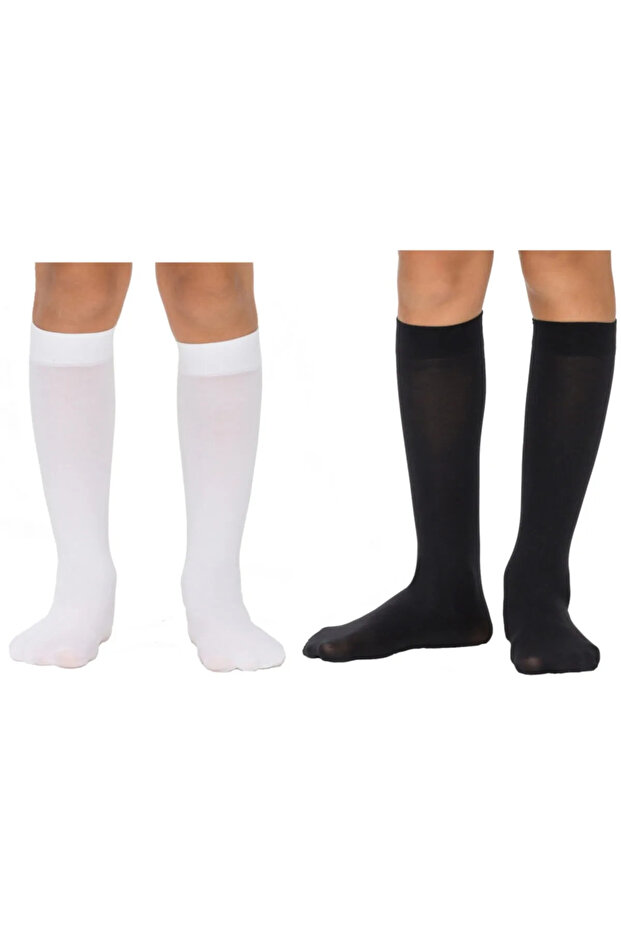 Girl's WHITE-BLACK Pretty Micro 40 Knee Length School Socks 2 Pcs