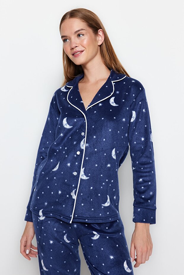 Lacivert Ay Desenli Polar Kışlık Örme Pijama Takımı THMAW22PT0362 - 3