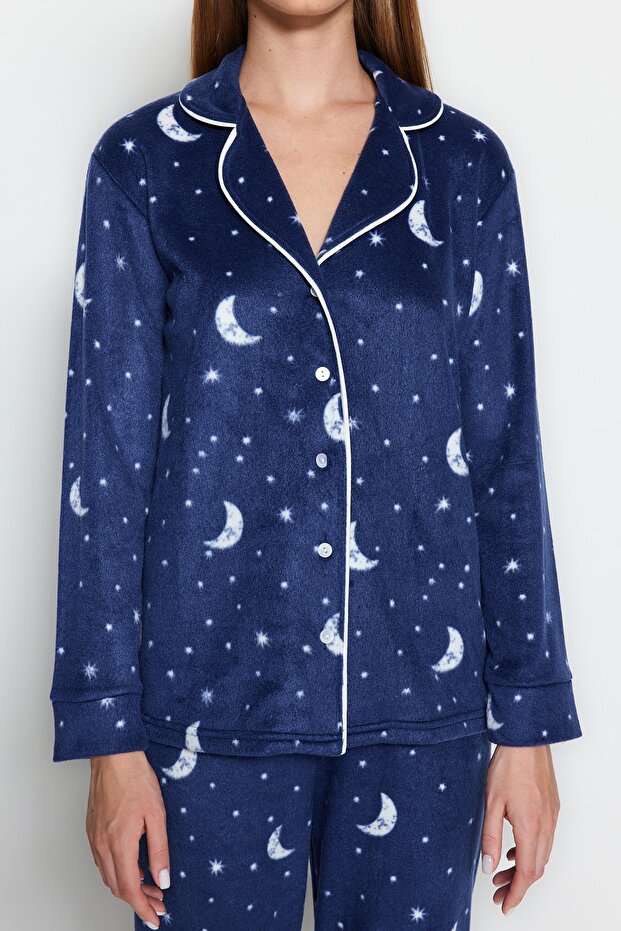 Lacivert Ay Desenli Polar Kışlık Örme Pijama Takımı THMAW22PT0362 - 5