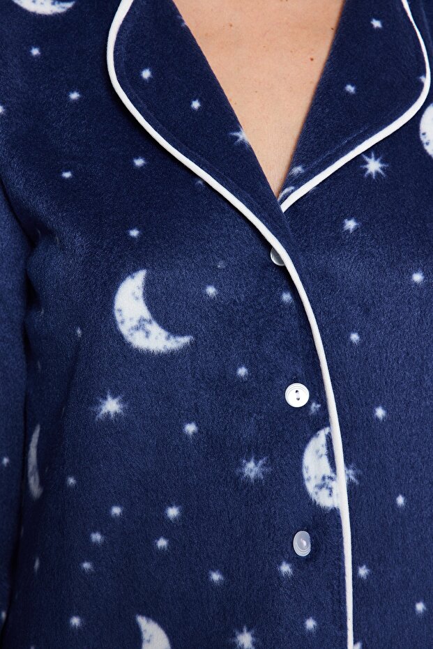 Lacivert Ay Desenli Polar Kışlık Örme Pijama Takımı THMAW22PT0362 - 6