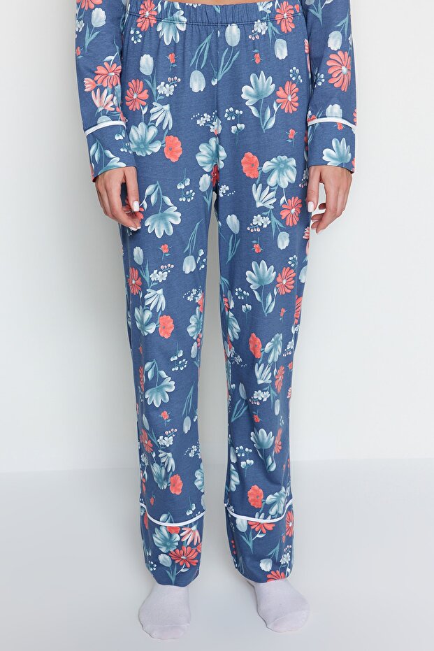 Mavi %100 Pamuklu Çiçek Desenli Kruvaze Gömlek-Pantolon Örme Pijama Takımı THMAW21PT0584 - 6