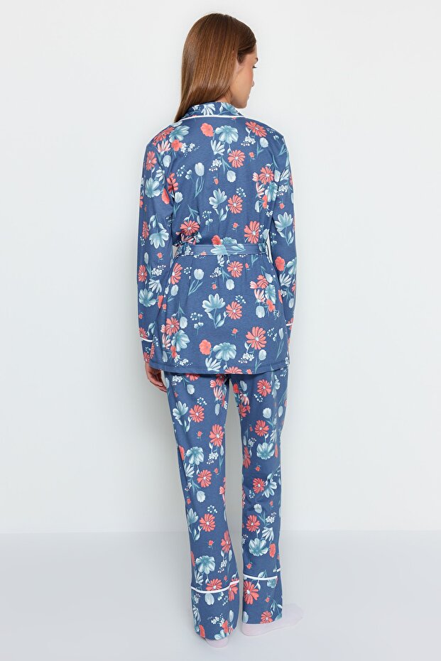 Mavi %100 Pamuklu Çiçek Desenli Kruvaze Gömlek-Pantolon Örme Pijama Takımı THMAW21PT0584 - 7