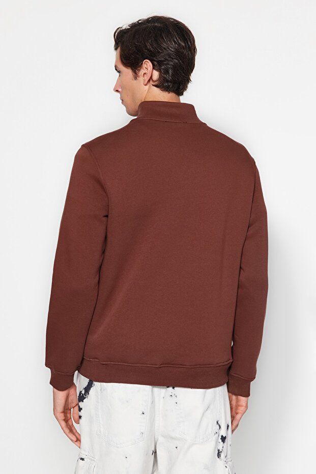 Kahverengi Regular/Normal Kesim Dik Yaka Fermuarlı Pamuklu Basic İçi Polar Sweatshirt TMNAW24SW00041 - 5