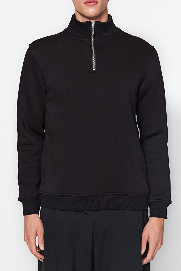 Siyah Regular/Normal Kesim Dik Yaka Fermuarlı Pamuklu Basic İçi Polarlı Sweatshirt TMNAW24SW00041 - 2