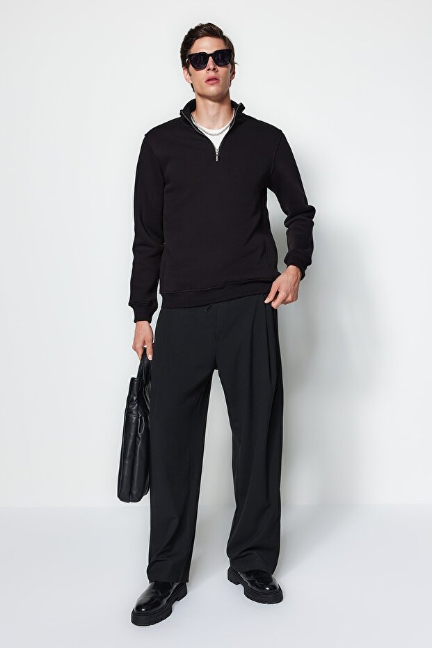 Siyah Regular/Normal Kesim Dik Yaka Fermuarlı Pamuklu Basic İçi Polarlı Sweatshirt TMNAW24SW00041 - 4