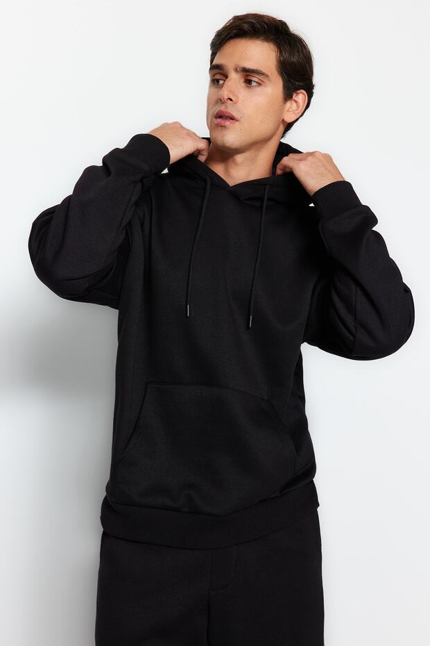 Czarna bluza z kapturem oversize/luźny krój, polarowa podszewka/ciepła bluza dresowa TMNAW24EM00002 - 3