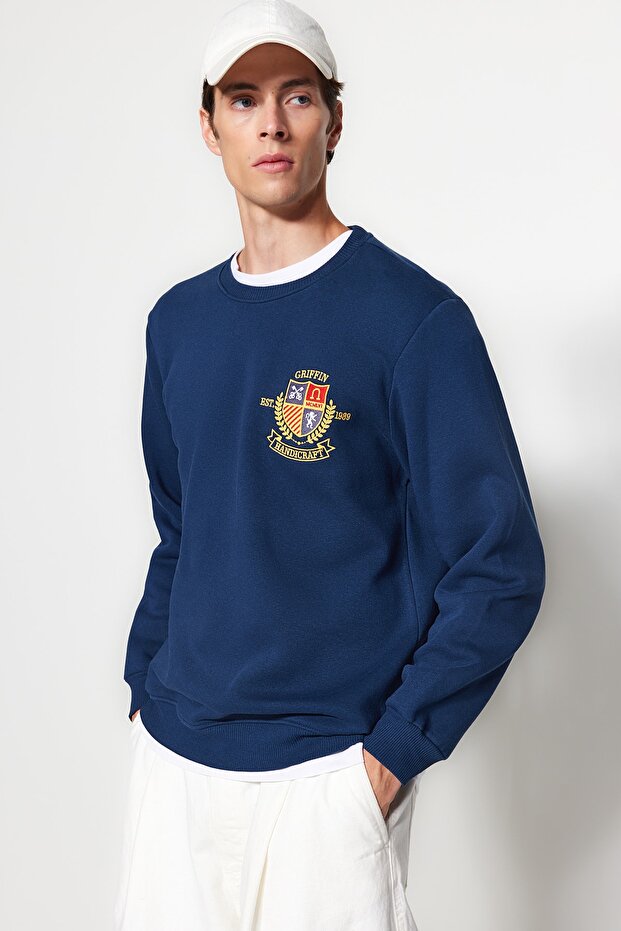 Indigo Regular/Normal Kesim Arma Nakışlı İçi Polar/Sıcak Tutan Sweatshirt TMNAW24SW00127 - 1