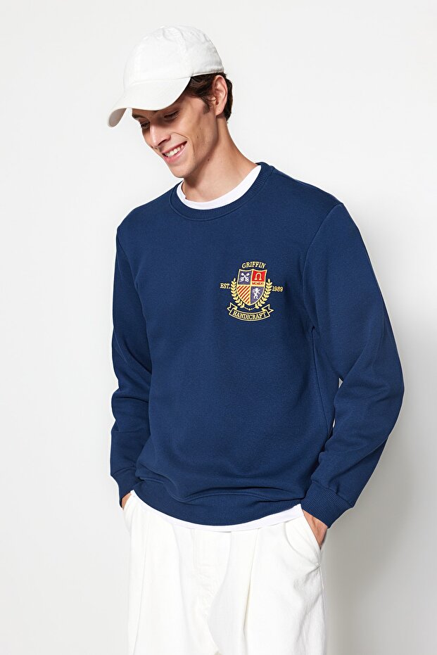 Indigo Regular/Normal Kesim Arma Nakışlı İçi Polar/Sıcak Tutan Sweatshirt TMNAW24SW00127 - 2
