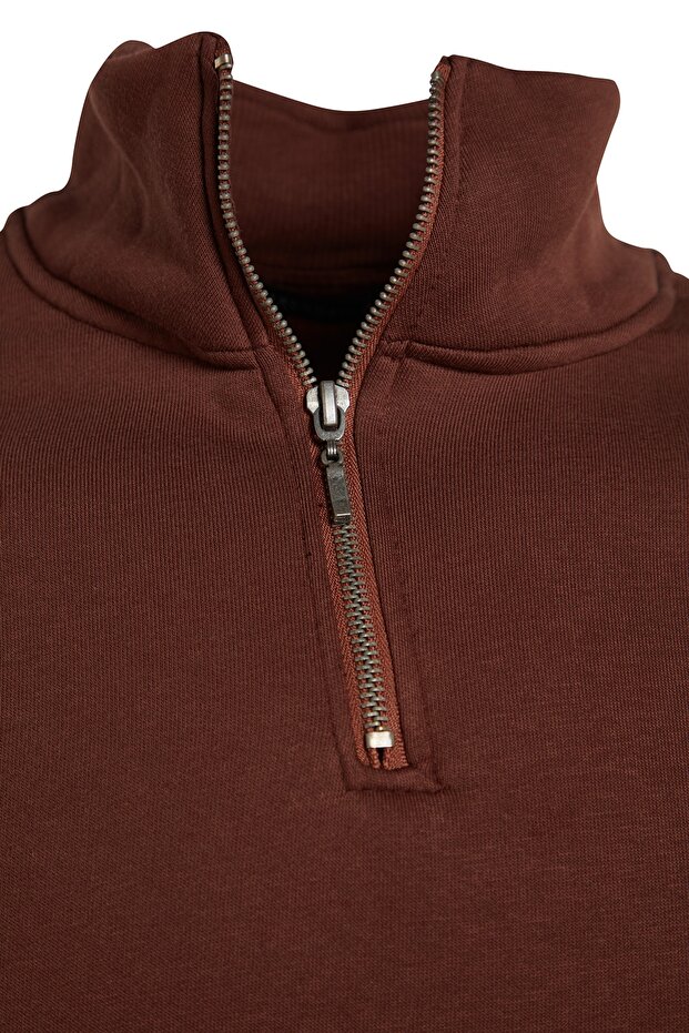 Kahverengi Regular/Normal Kesim Dik Yaka Fermuarlı Pamuklu Basic İçi Polar Sweatshirt TMNAW24SW00041 - 7