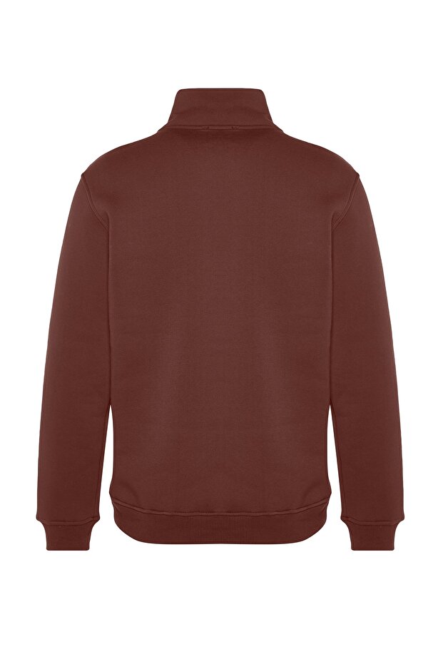 Kahverengi Regular/Normal Kesim Dik Yaka Fermuarlı Pamuklu Basic İçi Polar Sweatshirt TMNAW24SW00041 - 8