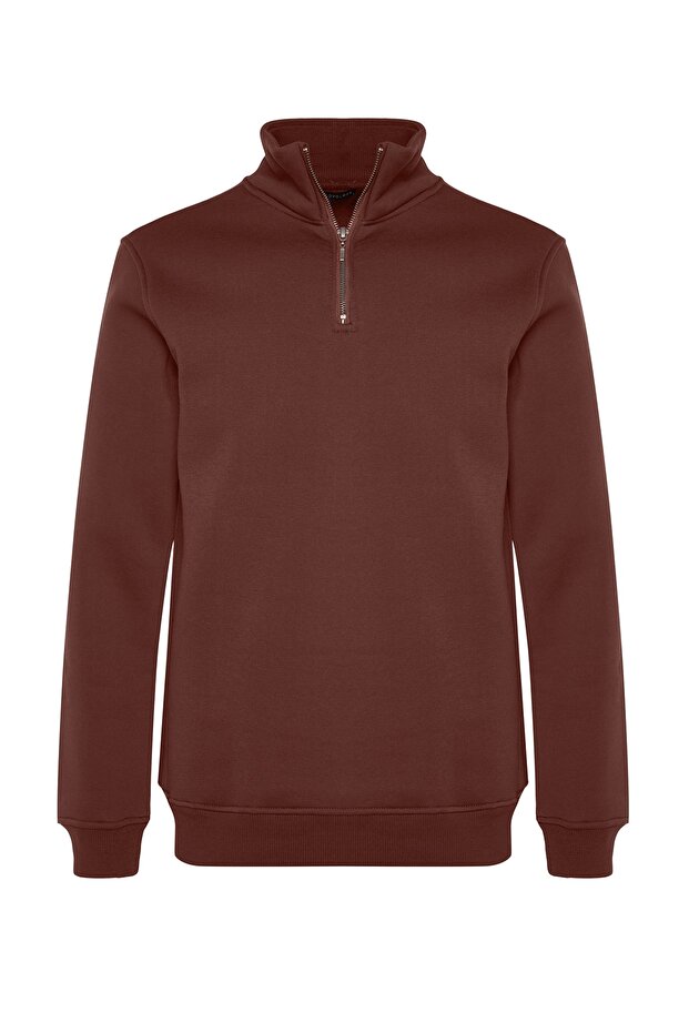 Kahverengi Regular/Normal Kesim Dik Yaka Fermuarlı Pamuklu Basic İçi Polar Sweatshirt TMNAW24SW00041 - 6