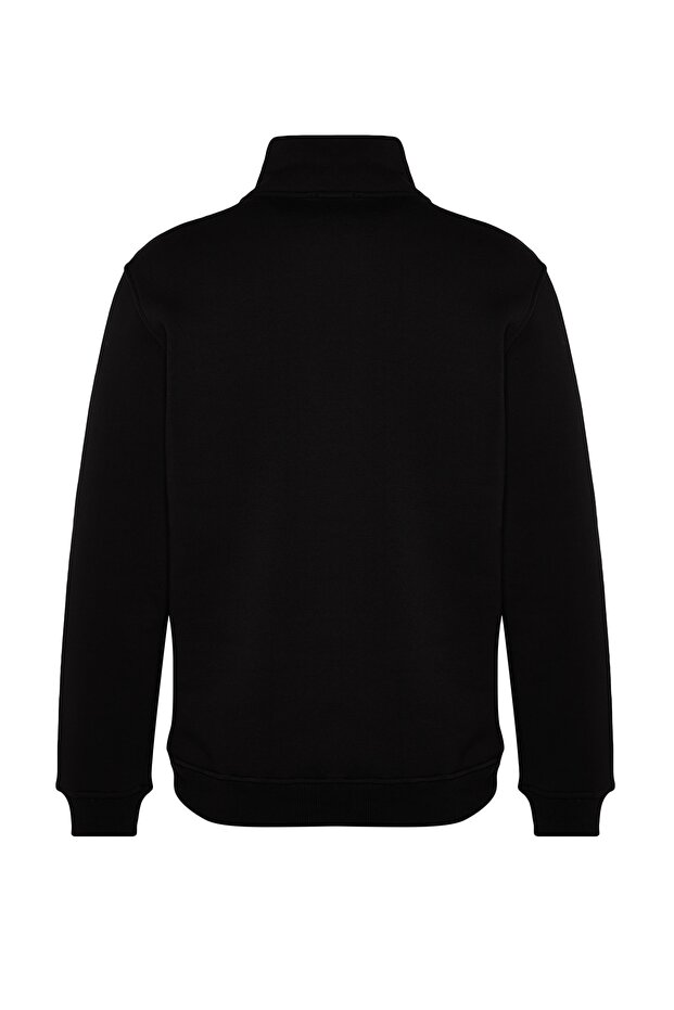 Siyah Regular/Normal Kesim Dik Yaka Fermuarlı Pamuklu Basic İçi Polarlı Sweatshirt TMNAW24SW00041 - 8